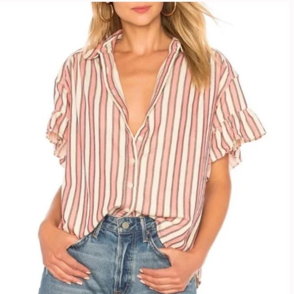 The Great. Flounce Sleeve Stripe Button Down Shirt Sz 3 L